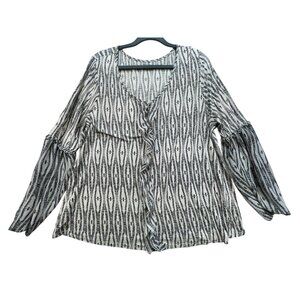 Lane Bryant Womens Blouse Top Size 18/20 Black White Geo Long Sleeve Ruffle